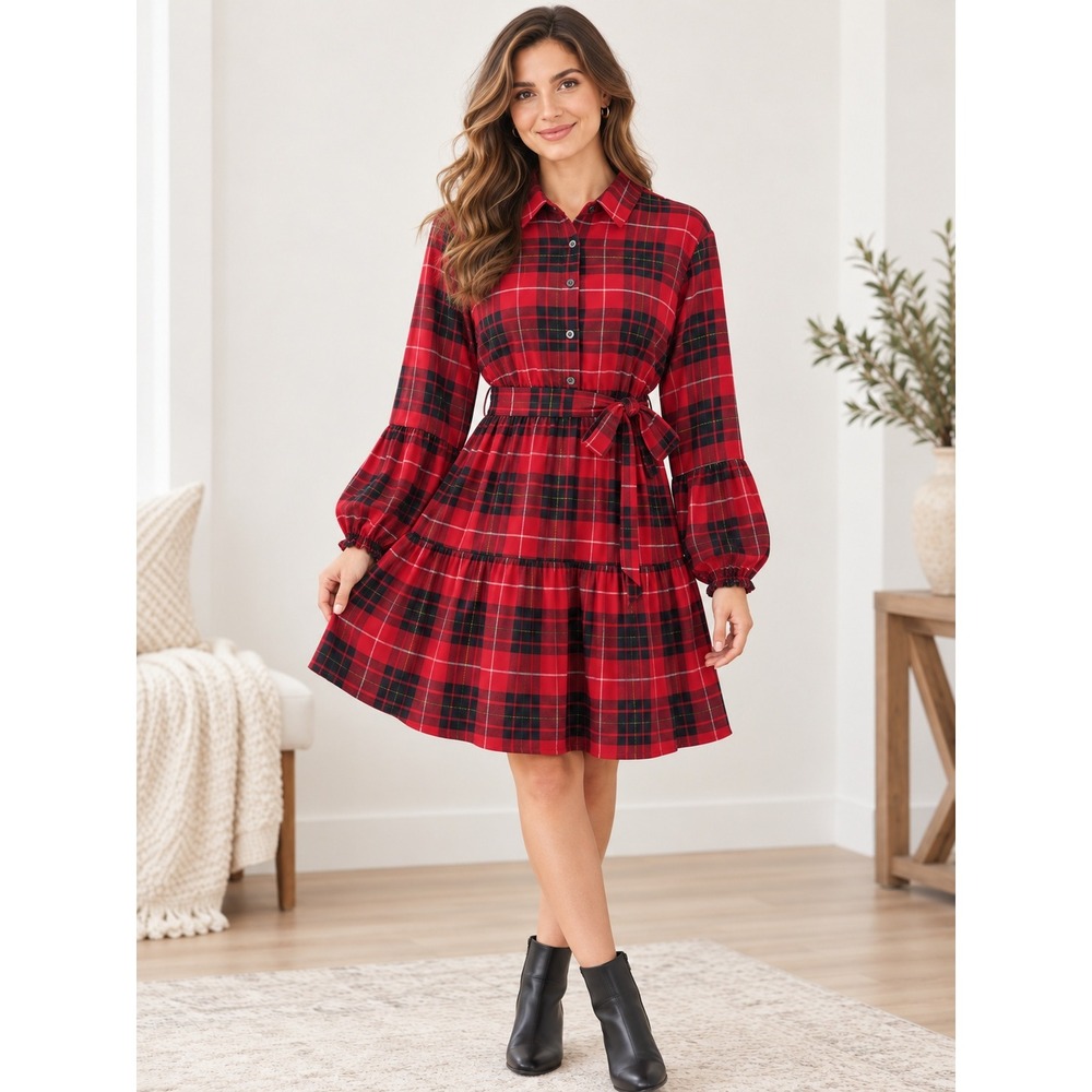 Maurices Tiered Dress Women Size Large Red Plaid Gold Thread Long Sleeve Holiday